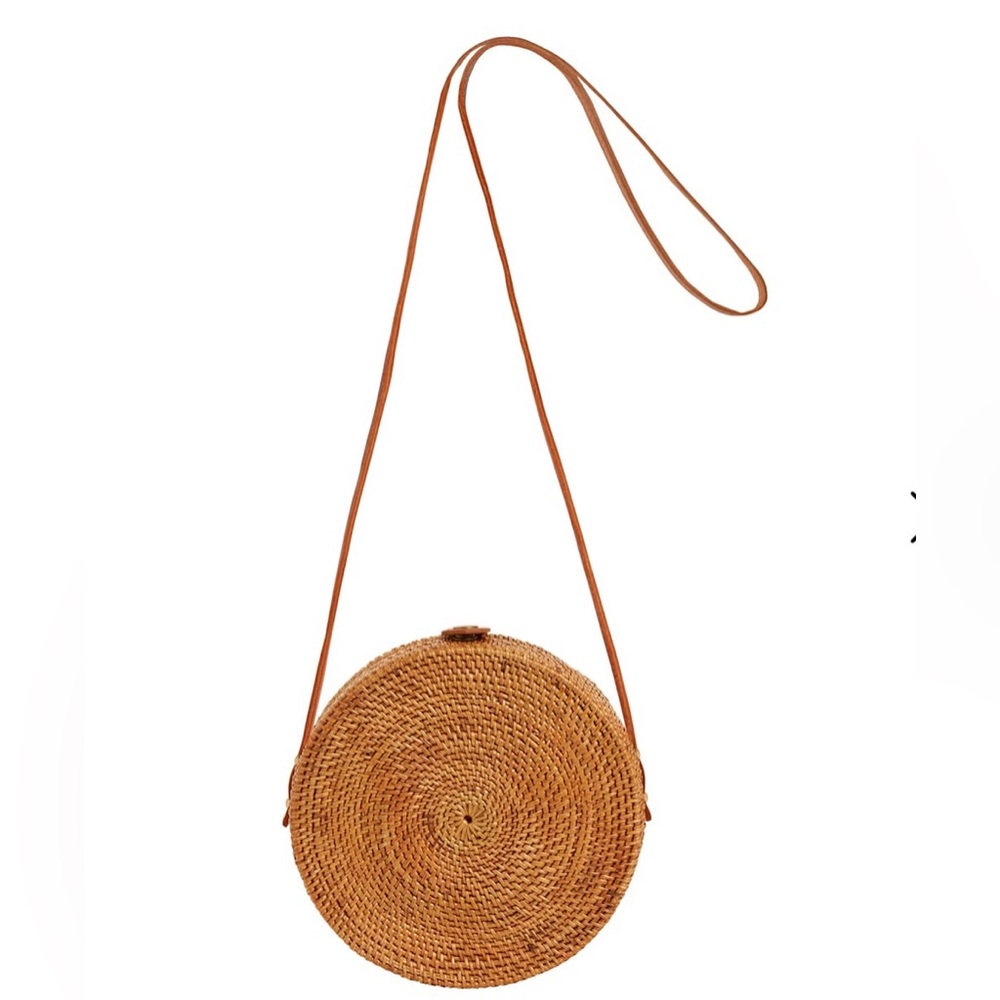 NEW: Round Tan Raffia Rattan Bag - Picture 1 of 5